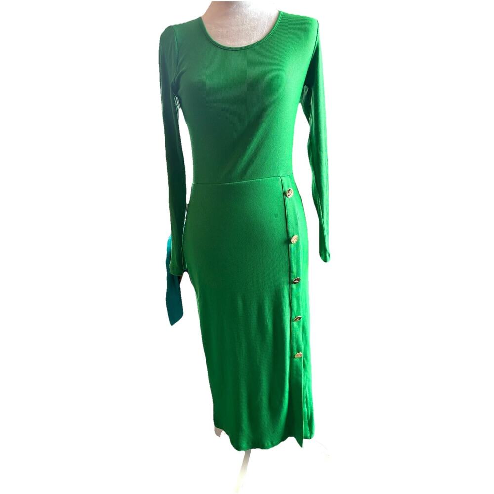 Jean Pierre Klifa Midi Dress Sz XS NWT Kelly Green Gold Buttons Office Workwear